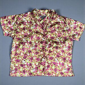 Vtg Big Dogs Women's WILD GIRL Pajama Top Satin Floral sz L Large Pink Button Up